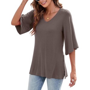 Chiffon Blouses for Women Ruffle 3/4 Sleeve Dressy V Neck Casual Flowy Tunic Tops - 1 of 4