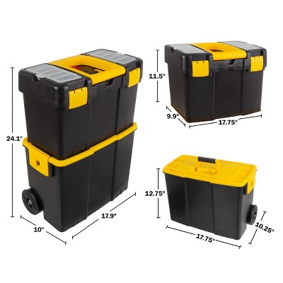 Black and Yellow Portable Tool Box with Wheels and Removable Storage Trays
