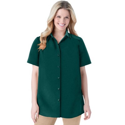 Woman Within Plus Size Short-Sleeve Peachskin Button-Front Shirt