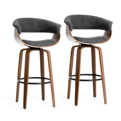 Mid-Century Modern Dark Blue Fabric Walnut Swivel Barstools, Set of 2