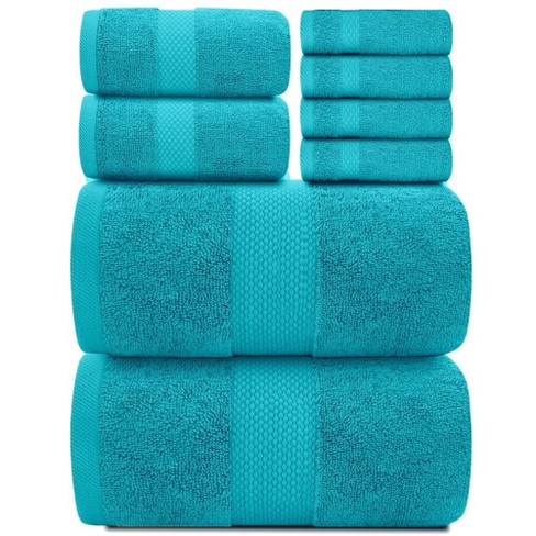 White Classic Luxury 100% Cotton 8 Piece Towel Set - 4X Washcloths, 2x Hand, and 2x Bath Towels - Aqua