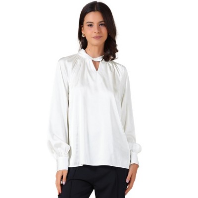INSPIRE CHIC Women's Satin V Neck Keyhole Long Sleeves Elegant Blouse