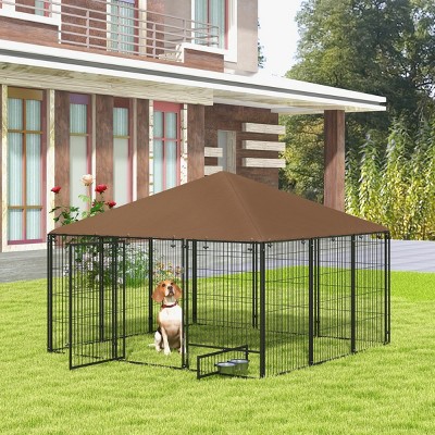 Outdoor Dog Kennel with Roof and Rotating Food Bowl Large Metal Dog Playpen Fence Crate Enclosure for Garden - LAOTIES