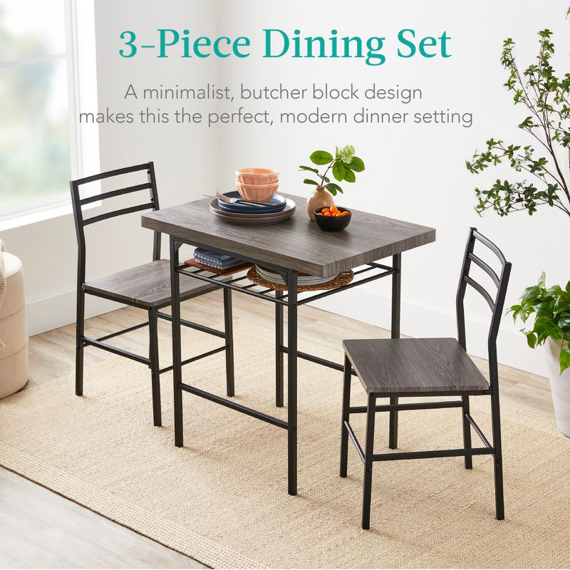 Best Choice Products 3-Piece Modern Dining Set, Square Table & Chairs Set w/ Steel Frame, Built-In Storage Rack, 5 of 9