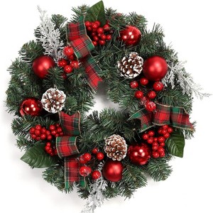 18" Christmas Wreath, Artificial Christmas Decoration with LED Lights, Indoor/Outdoor Holiday Decorative Wreath for Door, Window, Wall, Red and Green - 1 of 4