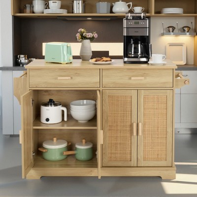 Finnhomy 55.3'' Rolling Kitchen Island with Storage, 30mm Wood Top, Rattan Doors, Drop Leaf & Towel Rack, Mobile Kitchen Cart