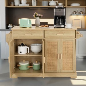 Finnhomy 55.3'' Rolling Kitchen Island with Storage, 30mm Wood Top, Rattan Doors, Drop Leaf & Towel Rack, Mobile Kitchen Cart - 1 of 4