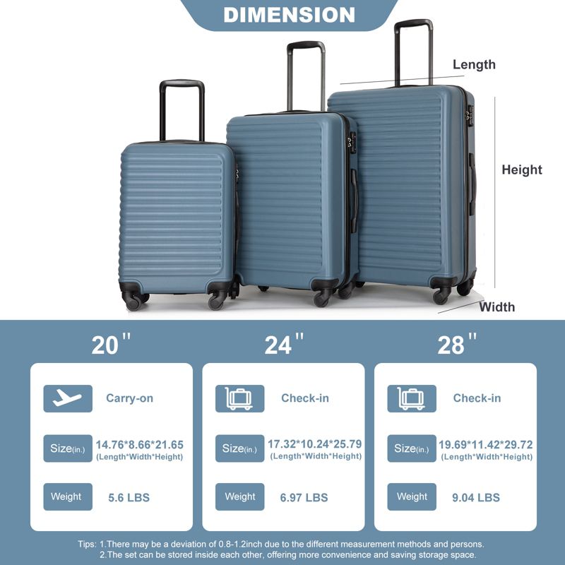 3 PCS Hardshell Luggage Set, ABS Lightweight Spinner Suitcase with TSA Lock (20/24/28)-ModernLuxe, 3 of 17