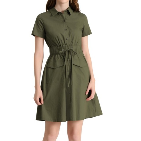 Green spot drawstring outlet waist midi shirt dress