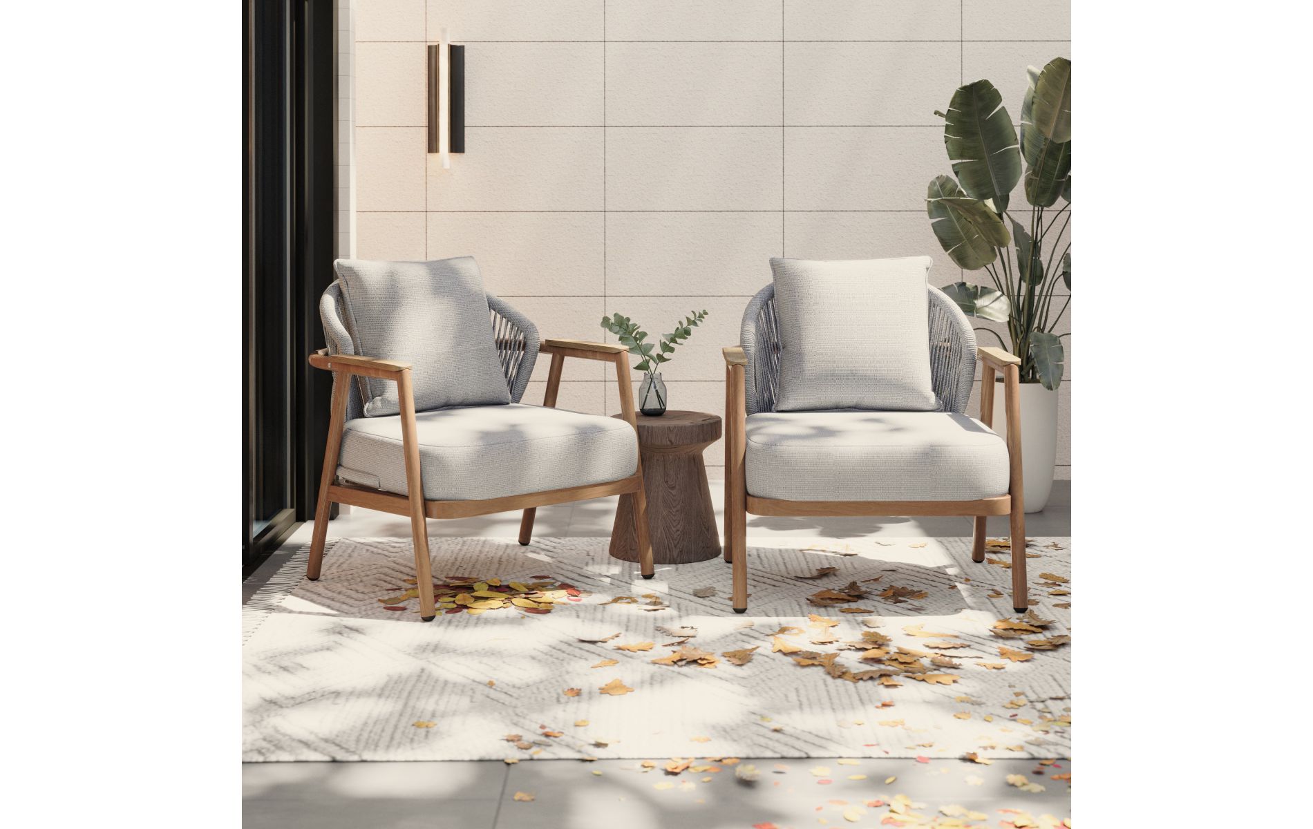 Set of 2 Outdoor Chair with Rope Back & Plastic Wood Arms, Iron Frame Lounge Chair with Gray Cushion for Patio or Garden-Baofuwish