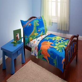 Everything Kids Dinosaurs Royal Blue, Orange and Green 4 Piece Toddler Bed Set - Comforter, Fitted Bottom Sheet, Flat Top Sheet, Reversible Pillowcase