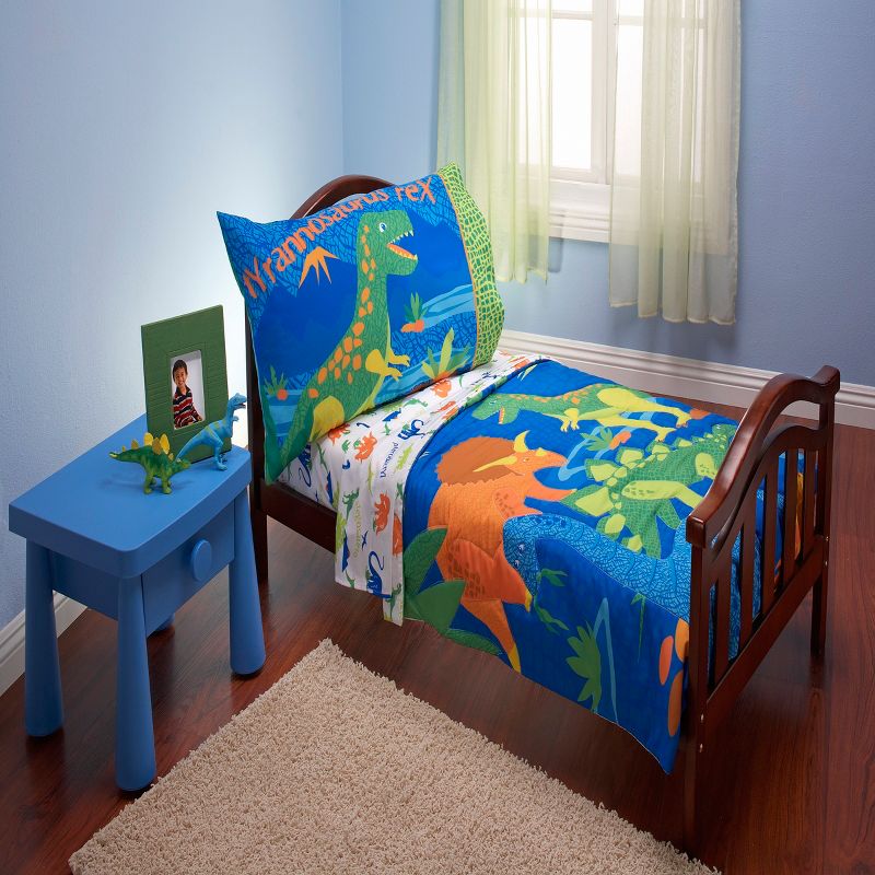 Everything Kids Dinosaurs Royal Blue, Orange and Green 4 Piece Toddler Bed Set - Comforter, Fitted Bottom Sheet, Flat Top Sheet, Reversible Pillowcase, 1 of 7