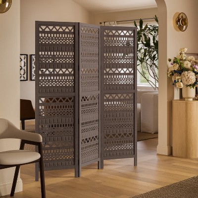 Royal Hampton 3 Panel Folding Mango Wood with Inticate Cut out Geometric Design Room Divider Screen