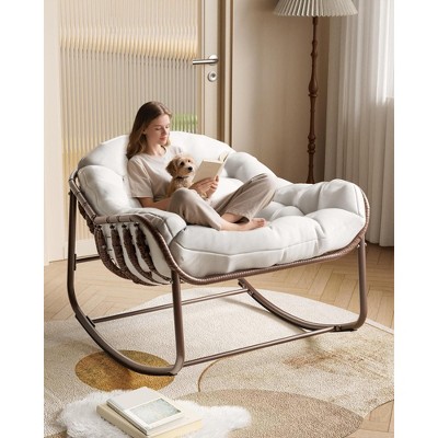 Outdoor Rocking Chair, Oversized Wicker Lounge Chair with Cushion and Metal Frame, Patio Rattan Egg Rocker for Balcony Backyard Porch Bedroom