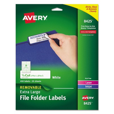 Avery XL Removable 1/3-Cut File Folder Labels Inkjet/Laser .94 x 3.44 White 450/PK 8425