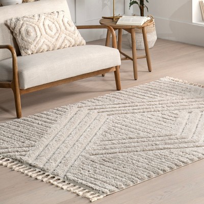 Beige Geometric Shag Tassel 4' x 6' Area Rug