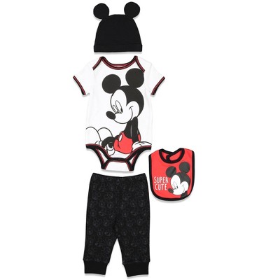 Image of Disney Mickey Mouse Newborn Baby Boys 4 Piece Outfit Set: Bodysuit Pants Bib Hat White/Black 6-9 Months