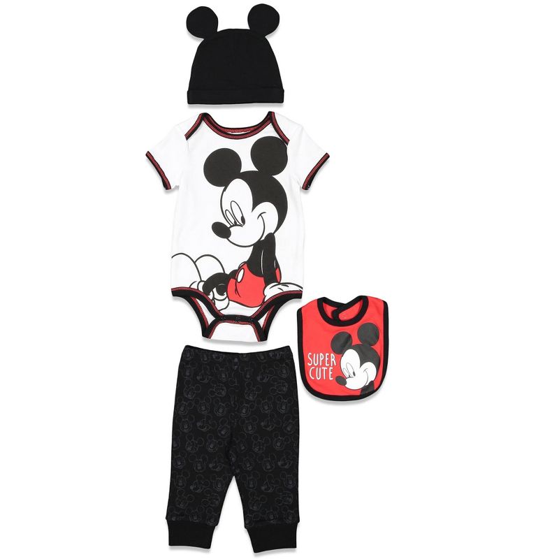 Disney Mickey Mouse Baby Bodysuit Pants Bib and Hat 4 Piece Outfit Set Newborn to Infant, 1 of 10