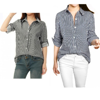 Allegra K Women's Striped Button Down Roll-up Long Sleeves Point Collar Shirt 2 Packs