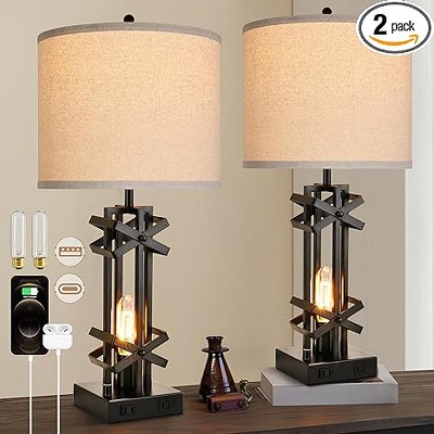 27" Tall Farmhouse Table Lamps with AC Outlet and USB Ports