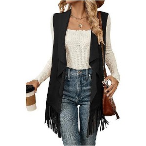 Women's Fringe Sleeveless Collar Longline Cardigan Vest Bohemian Layered Outerwear for Casual Outings, Music Festivals - 1 of 4