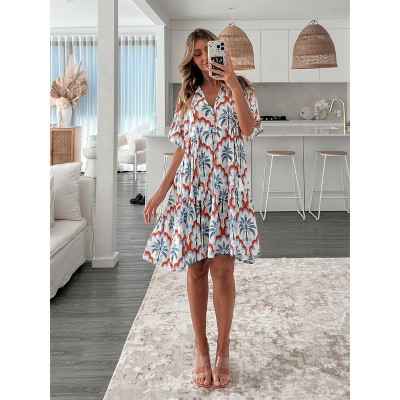 Womens Dress Summer Bohemian Short Sleeve Floral Print Mini Dress