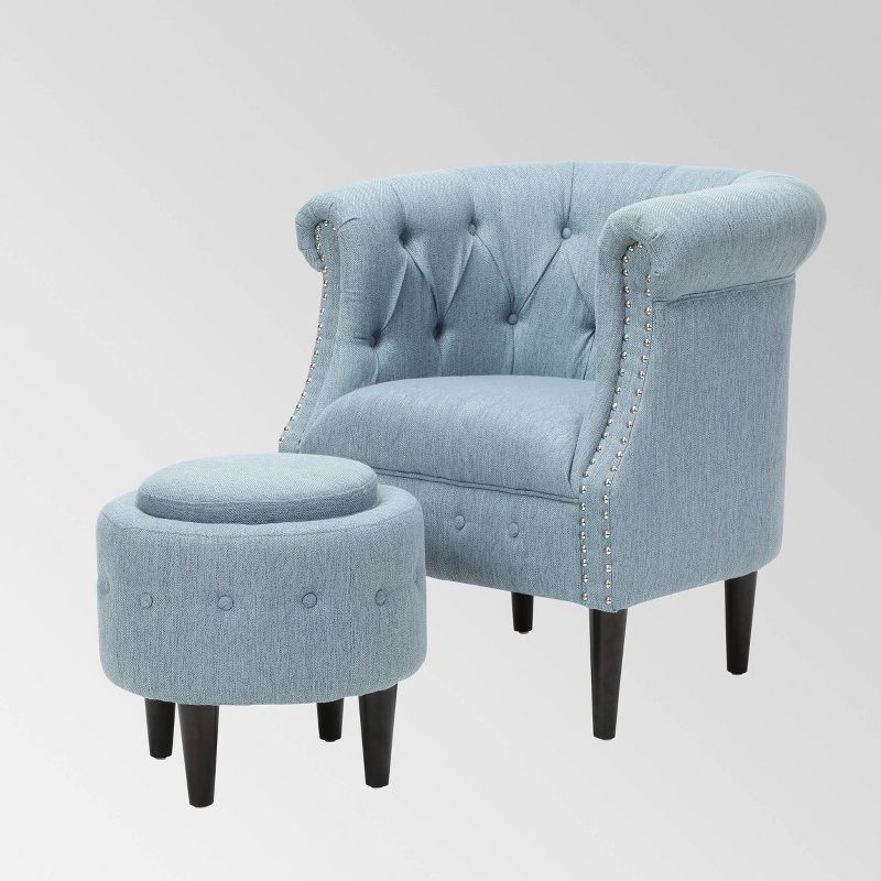 2pc Beihoffer Petite Tufted Chair and Ottoman Set Light Blue - Christopher Knight Home, 1 of 9