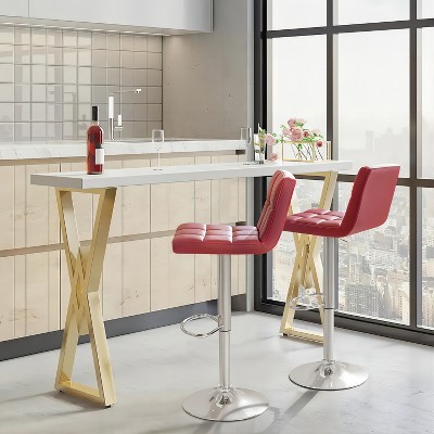 Wine Red Faux Leather Adjustable Swivel Barstools, Set of 2