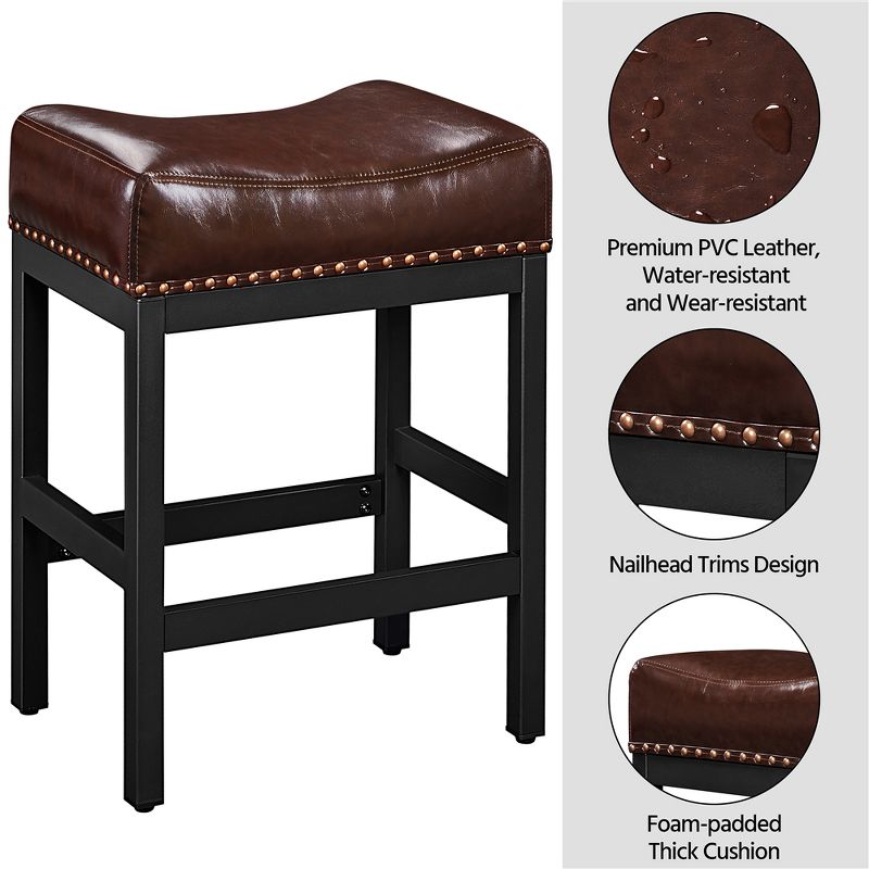 Yaheetech 26"H Bar Stools Faux Leather Counter Height Stools with Nailhead Trims Set of 2, 5 of 8