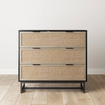 Black Wood and Rattan 3-Drawer Dresser with Metal Legs