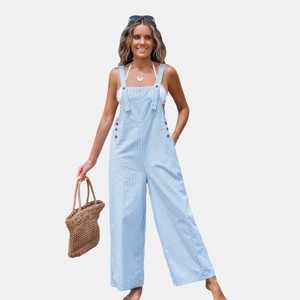 Women's Blue Striped Square Neck Straight Leg Overalls - Cupshe - 1 of 4