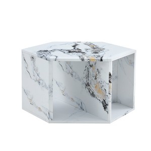 Syemin End Table, Hexagonal Accent Table with Compartments, Marble Effect, Suitable for Living Room, Lounge, White, 25"*21.6"*14" - 1 of 4
