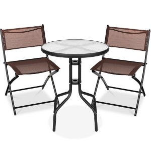 Best Choice Products 3-Piece Patio Bistro Dining Furniture Set w/ Round Textured Glass Tabletop, Folding Chairs - 1 of 4