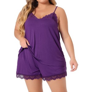 Agnes Orinda Women's Plus Size V Neck Lace Trim Elastic Waist Sleeveless Pajama Sets - 1 of 4