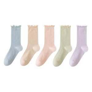 Anna-Kaci Women's Ribbed Crew Socks with Ruffle Lettuce Trim Soft Stretch Knit Comfortable Everyday 5-Pack - 1 of 4