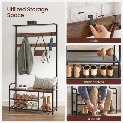 Rustic Brown and Black Hall Tree with Storage Bench