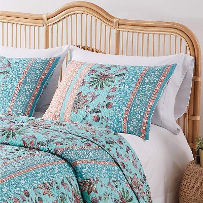 Turquoise and Coral King Cotton Polyester Quilted Pillow Sham
