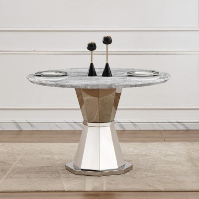 46" Round Marble Dining Table,High Gloss Faux Marble Top,Stainless Steel Base for Dining Room and Kitchen - Maison Boucle