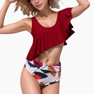 Anna-Kaci Swim Women's One Shoulder Ruffle Bikini Top with High Waist Abstract Print Bottom for a Bold and Flattering Swim Look - 1 of 4