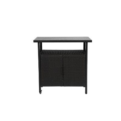DOMETOUR Outdoor Wicker Bar Cart, Rolling Rattan Beverage Serving Cart w/Glass Top & Wheels for Patio, Porch, Backyard, Garden, Poolside Party, Black