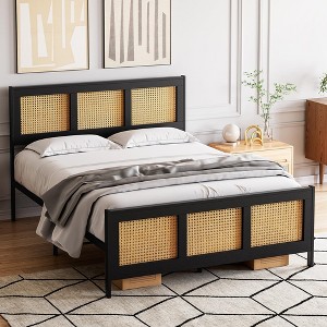 Whizmax Four Size Bed Frame with Rattan Headboard and Footboard, Rattan Platform Bed Frame, Mattress Foundation, No Box Spring Needed, Black - 1 of 4