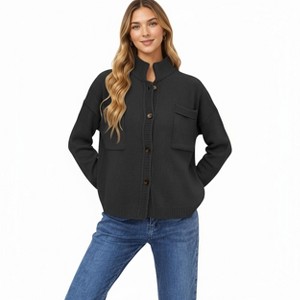 Anna-Kaci Women's Button Front Long Sleeve Knit Fashion Cardigan with Stand Collar and Front Pocket - 1 of 4