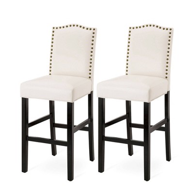 Set of 2 Cream White Leatherette Studded Barstools with Wood Legs