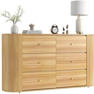 Clearance, Mid Century Wooden Dresser, Fluted 6-Drawer Storage Cabinet with Sliding Doors, Modern Chest for Bedroom/Living Room, Natural Wood - 1 of 4