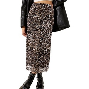 Floral Mesh Boho Midi Skirt - Women's High Waist A-Line Skirt with Lettuce Trim Leopard Dark Brown - 1 of 4