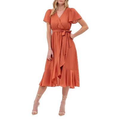 August Sky Women's Faux Wrap Self Tie Midi Dress : Target