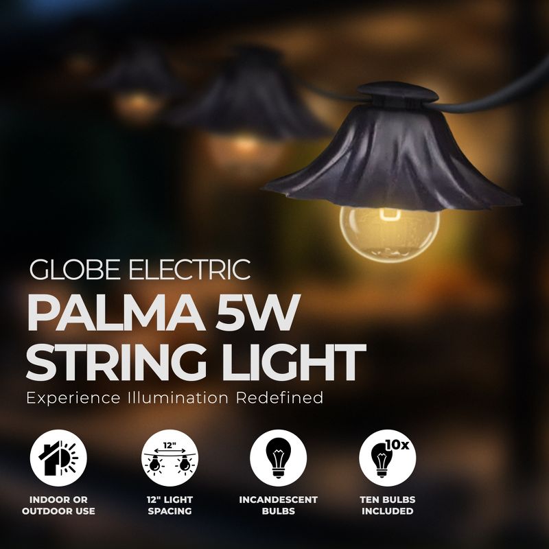 Globe Electric Palma 5 Watt 10 Light G12 Glass Incandescent String Light Set with 10 Metal Flower Shades for Indoor or Outdoor Use, Clear, 2 of 7