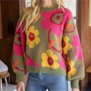 Women's Floral Long Sleeve Sweater - voy - 1 of 3