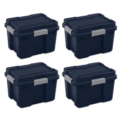 Sterilite 20 Gallon Heavy Duty Plastic Gasket Tote Stackable Storage Container Box with Lid and Latches for Home, Blue Cove/Gray (4 Pack)