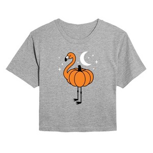 Women's - Instant Message - Pumpkin Flamingo Cropped Graphic T-Shirt - 1 of 4